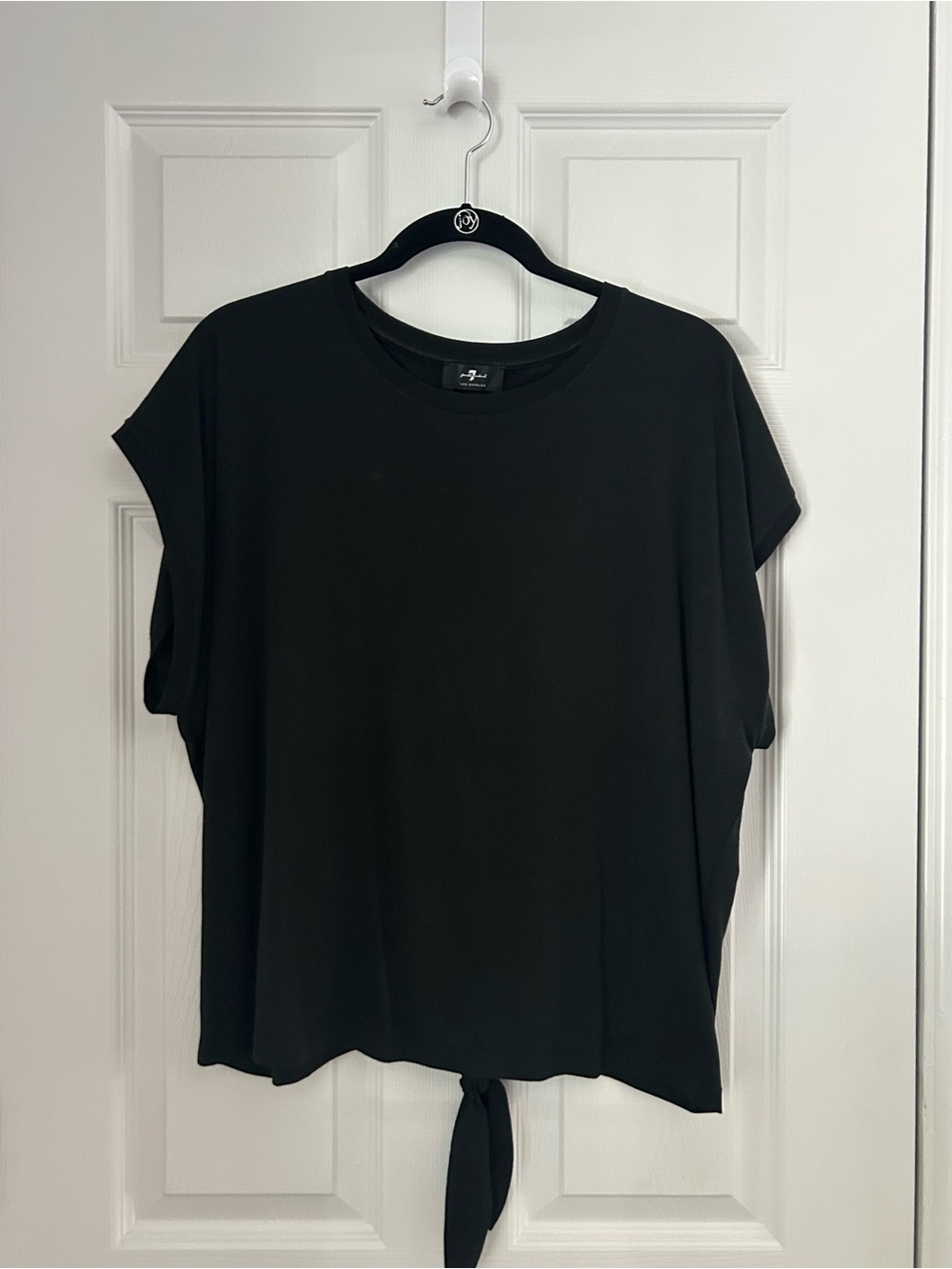 7 For All Mankind Black Short Sleeve Tie-Front Top